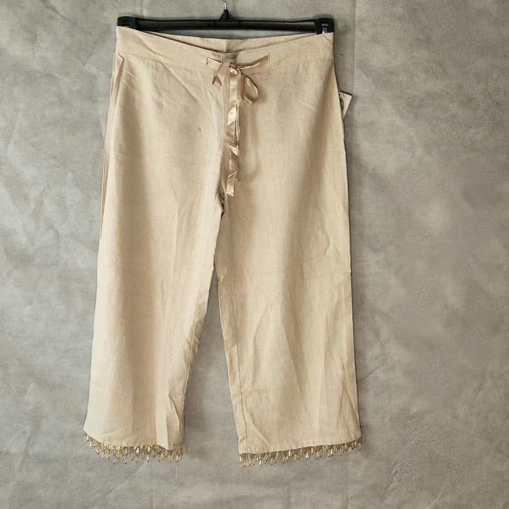XOXO Beaded Fringe Hem Ankle Pants Satin Drawstring Tie, Zipper Closure